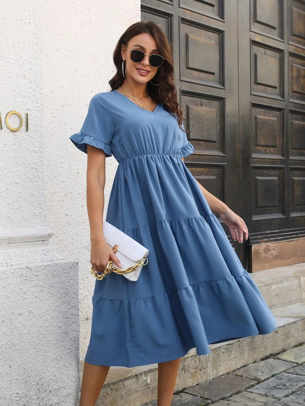 V-Neck Short Sleeve Midi Dress - Blushé Belle