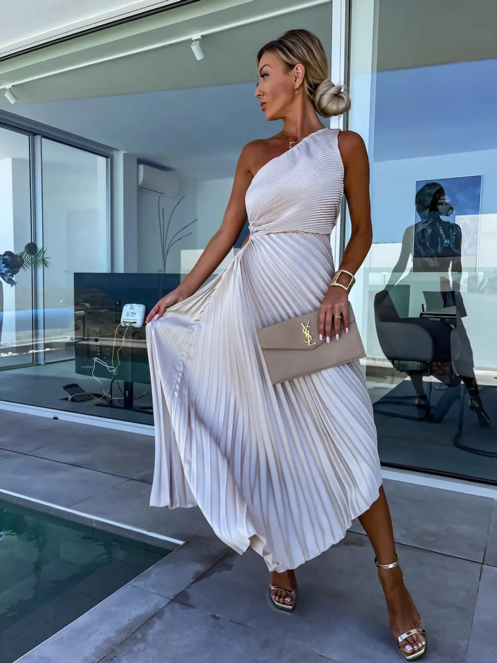Full Size Single Shoulder Pleated Midi Dress Plus Size - Blushé Belle