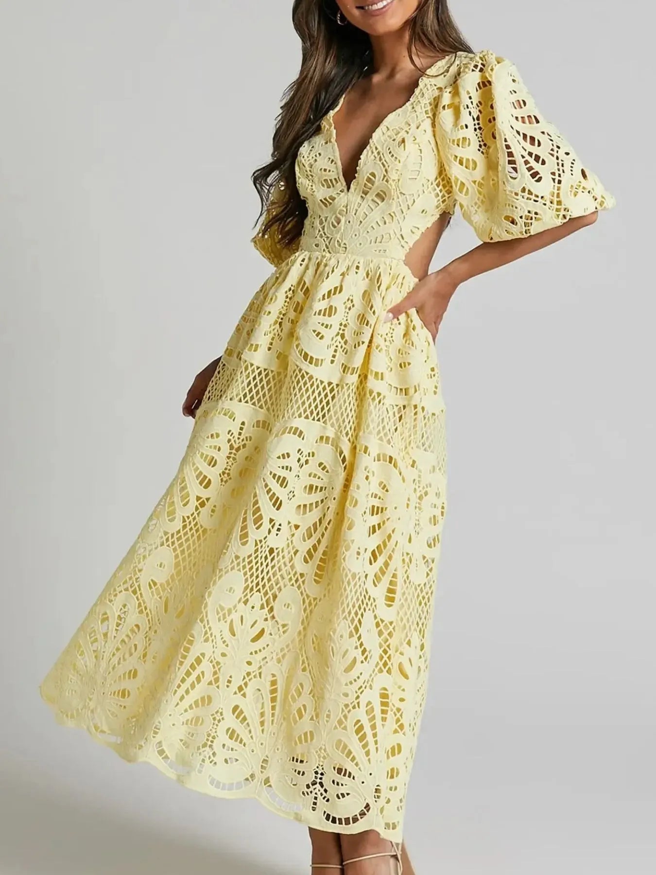 Cutout Back Lace Crochet V-Neck Dress - Blushé Belle