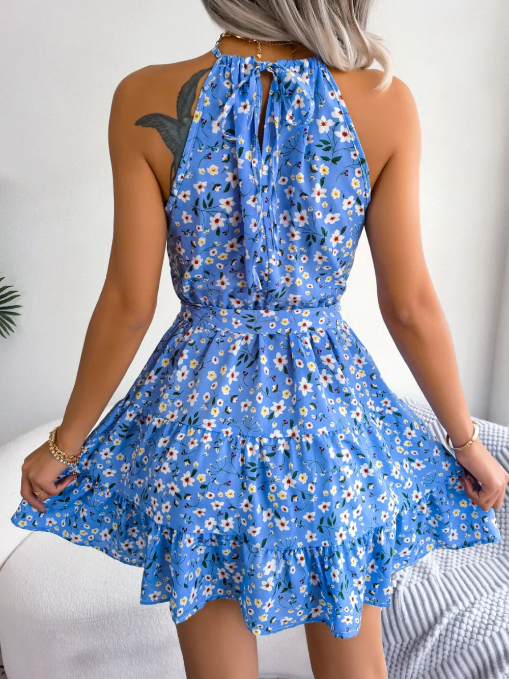 Tied Printed Grecian Neck Mini Dress - Blushé Belle