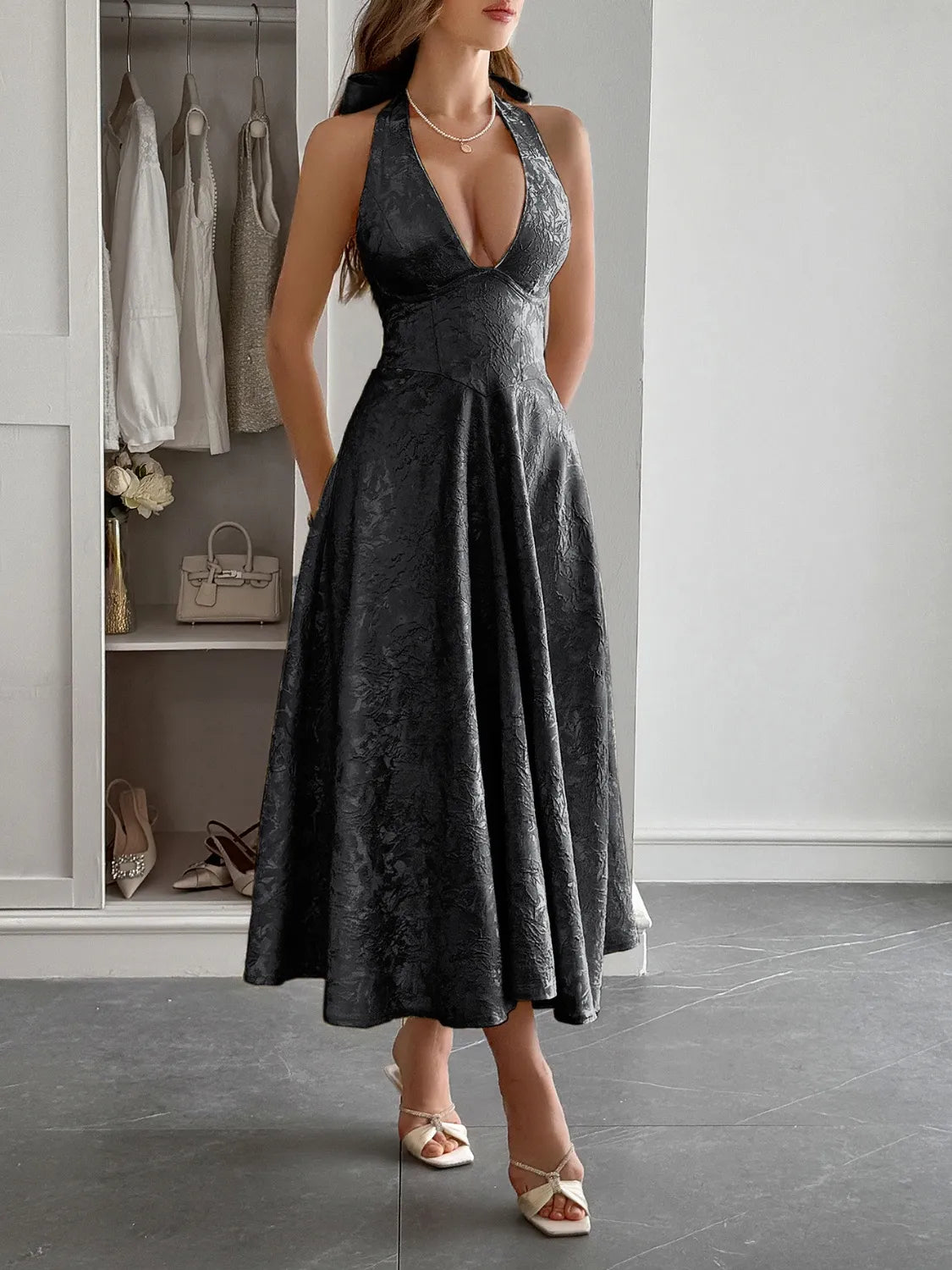 Halter Neck Midi Dress with Pockets - Blushé Belle