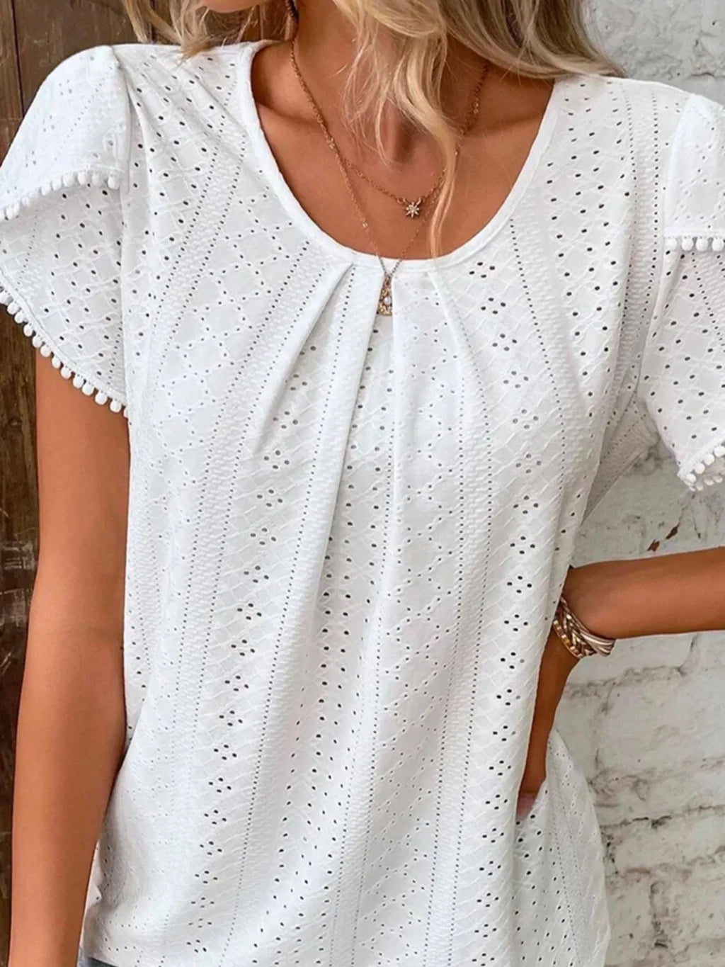 Eyelet Petal Sleeve Top with Pom Pom Trim - Blushé Belle