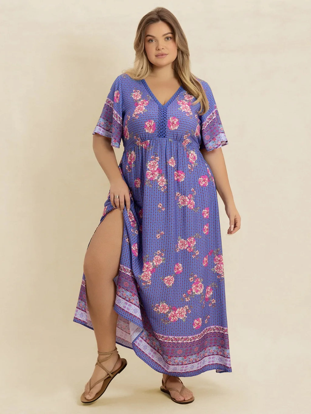 Plus Size Printed V-Neck Flutter Sleeve Dress - Blushé Belle