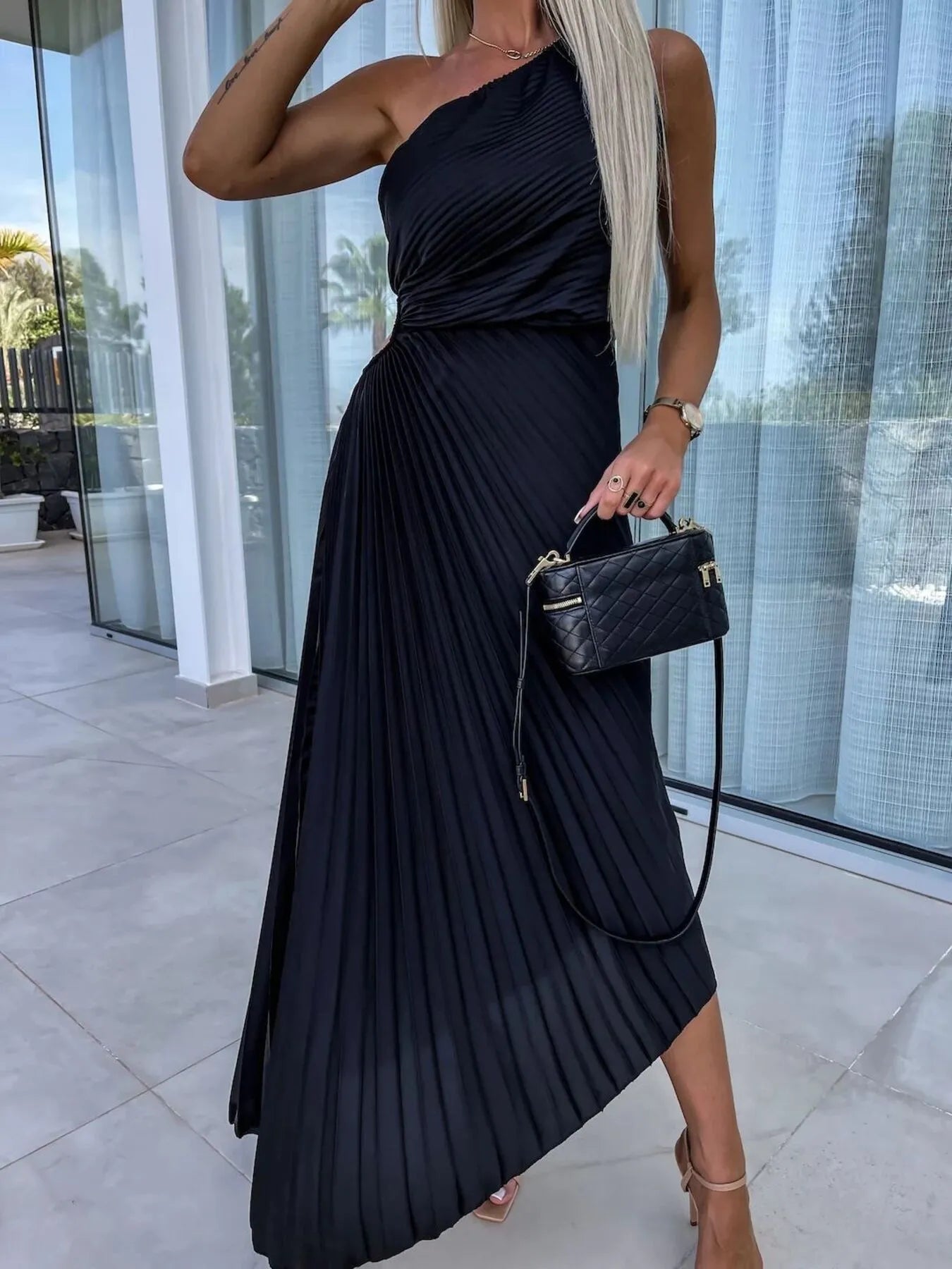 Full Size Single Shoulder Pleated Midi Dress Plus Size - Blushé Belle