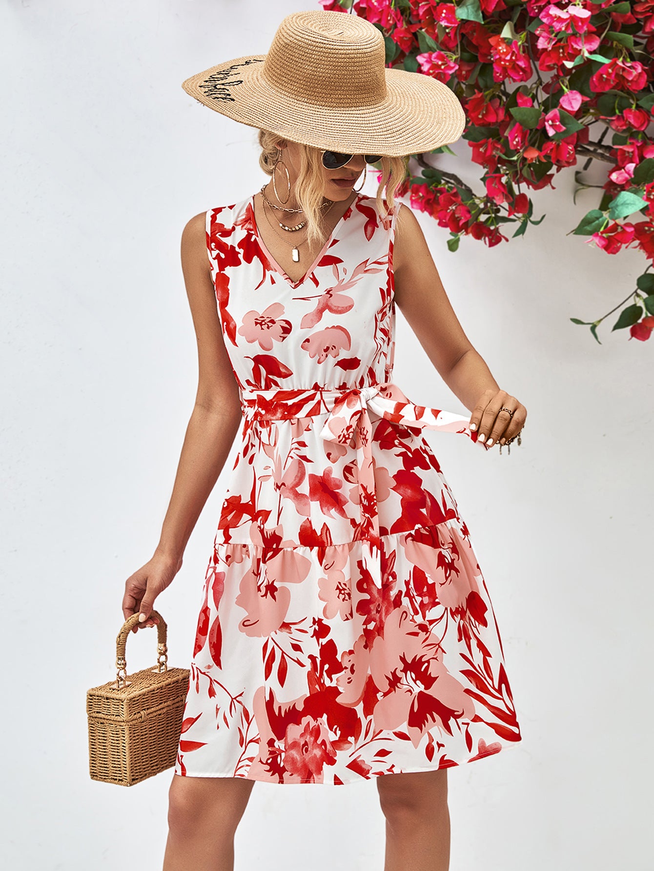 Floral V-Neck Tie Waist Sleeveless Dress - Blushé Belle