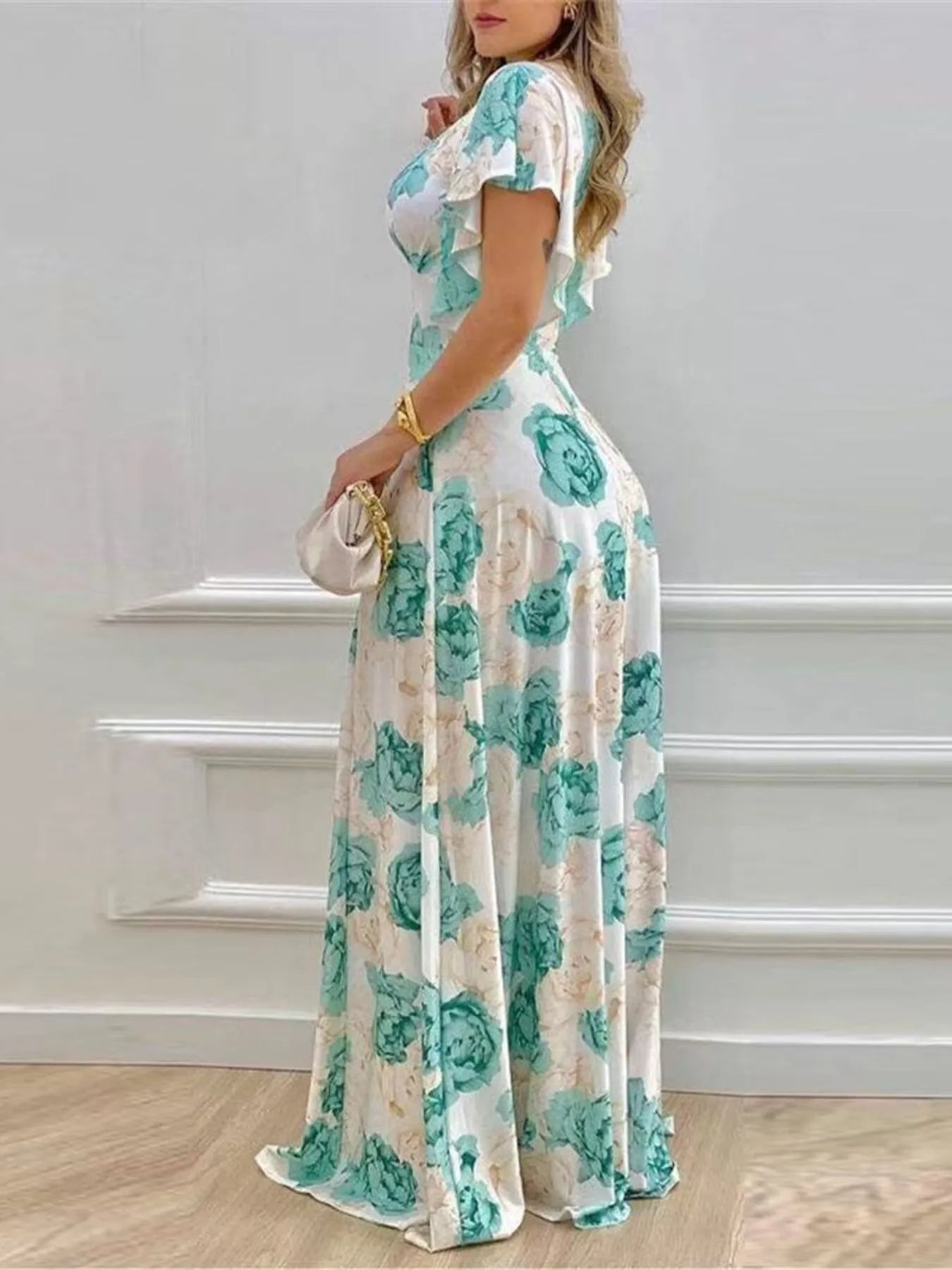 Plus Size Floral Print V-Neck Maxi Dress with Flutter Sleeves - Blushé Belle