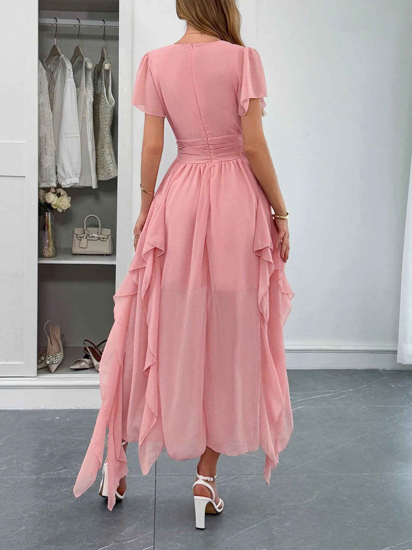 V-Neck Flutter Sleeve Dress - Blushé Belle