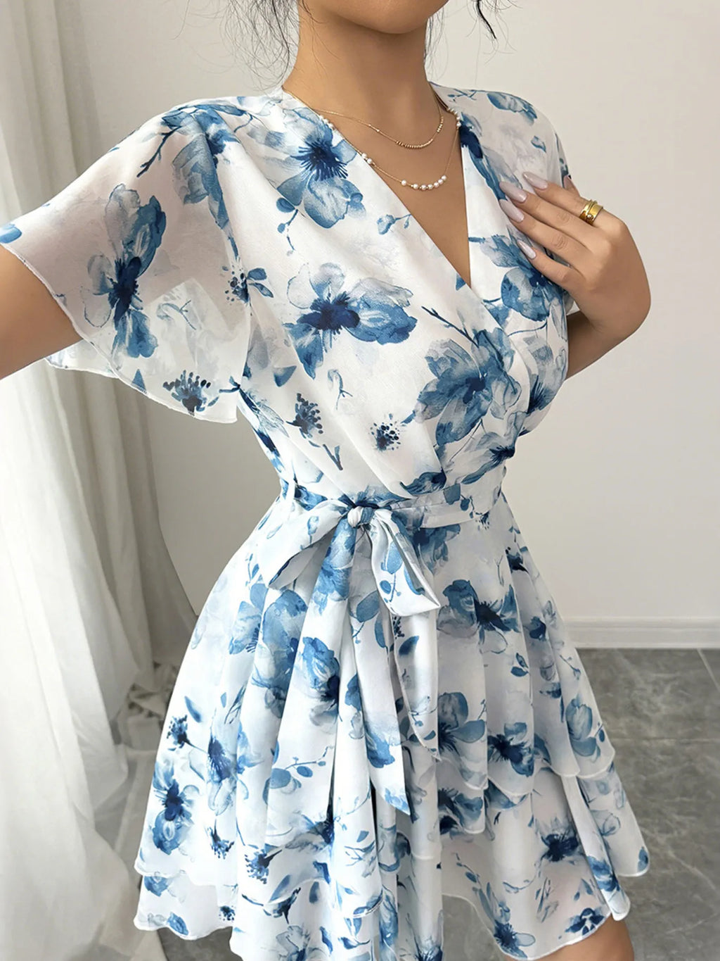 Printed Surplice Layered Mini Dress - Blushé Belle