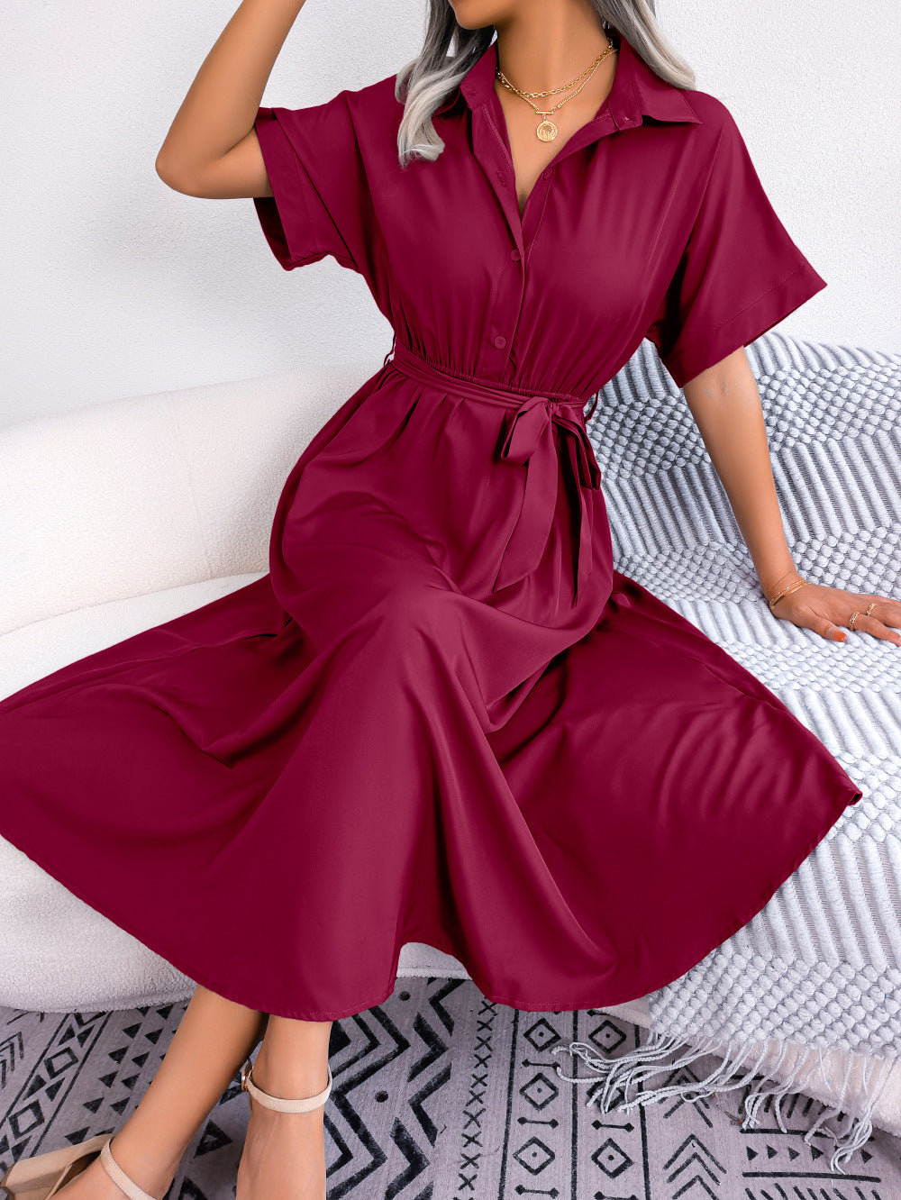 Short Sleeve Collared Tie Belt Dress - Blushé Belle