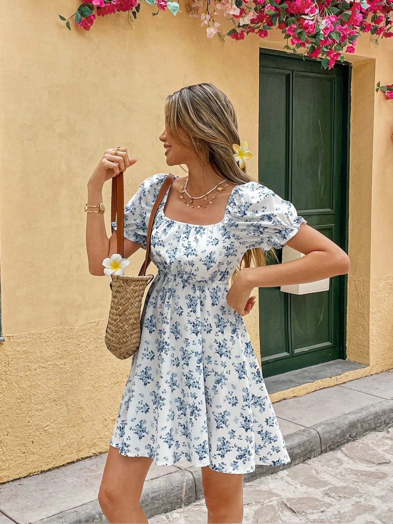 Floral Print Square Neck Mini Dress - Blushé Belle