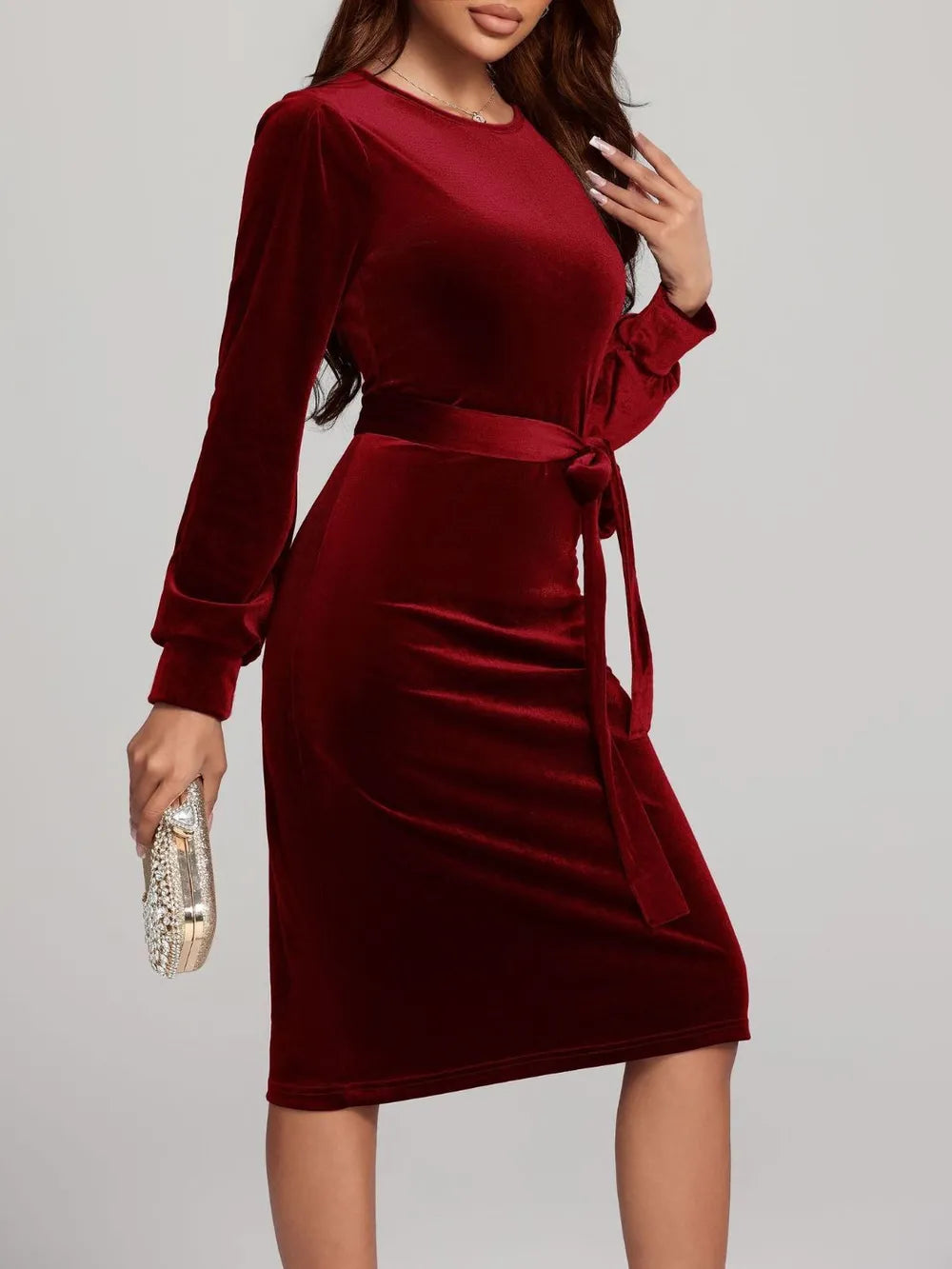 Round Neck Tie Waist Long Sleeve Velvet Dress - Blushé Belle