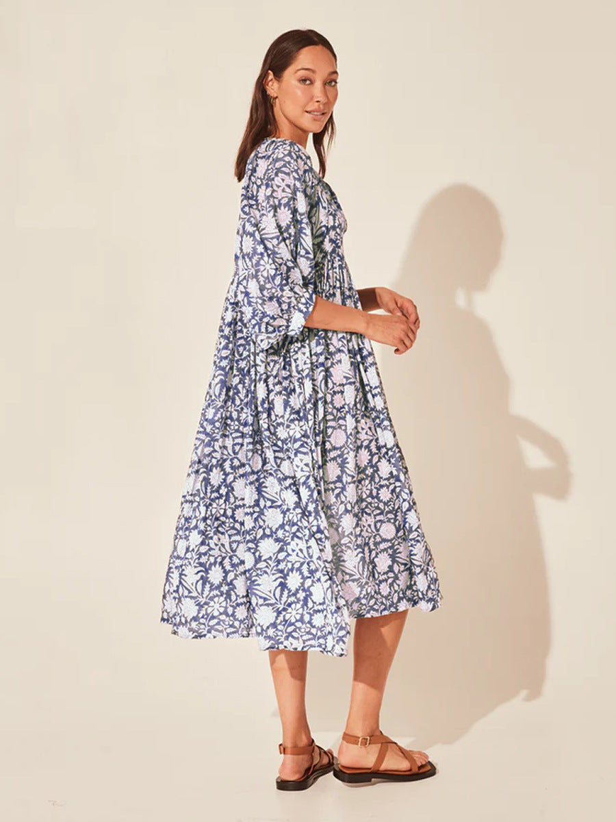 Floral Tie Neck Lantern Sleeve Dress - Blushé Belle