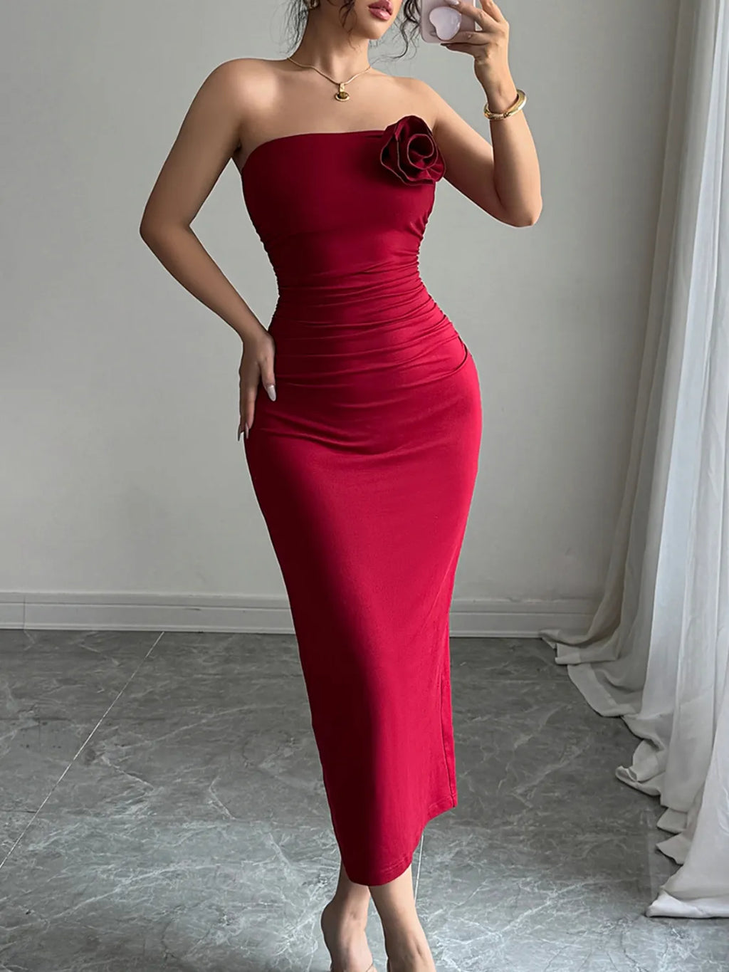 Slit Back Flower Tube Midi Dress - Blushé Belle