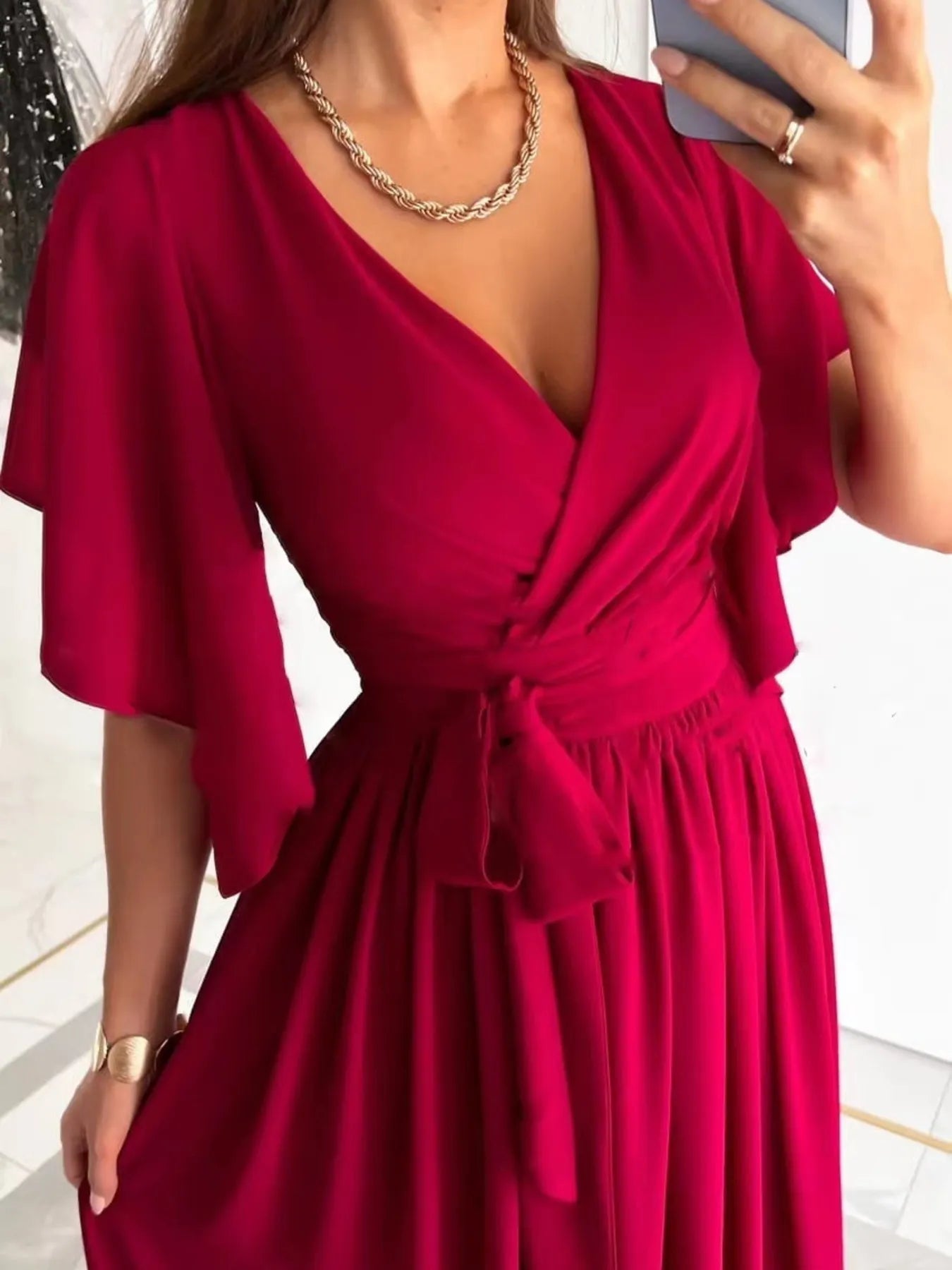 Flutter Sleeve Surplice Tie Waist Dress - Blushé Belle
