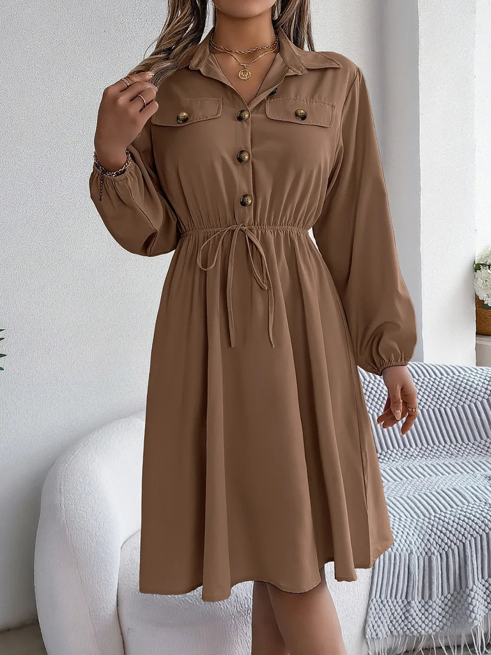 Collared Neck Long Sleeve Dress with Pockets - Blushé Belle