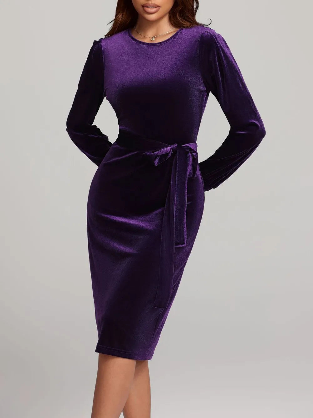 Round Neck Tie Waist Long Sleeve Velvet Dress - Blushé Belle