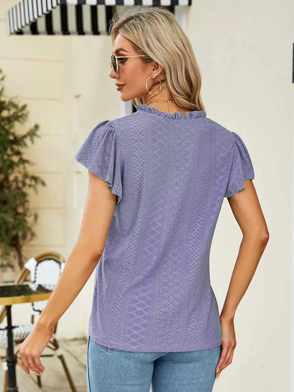 Eyelet Notched Short Sleeve T-Shirt - Blushé Belle