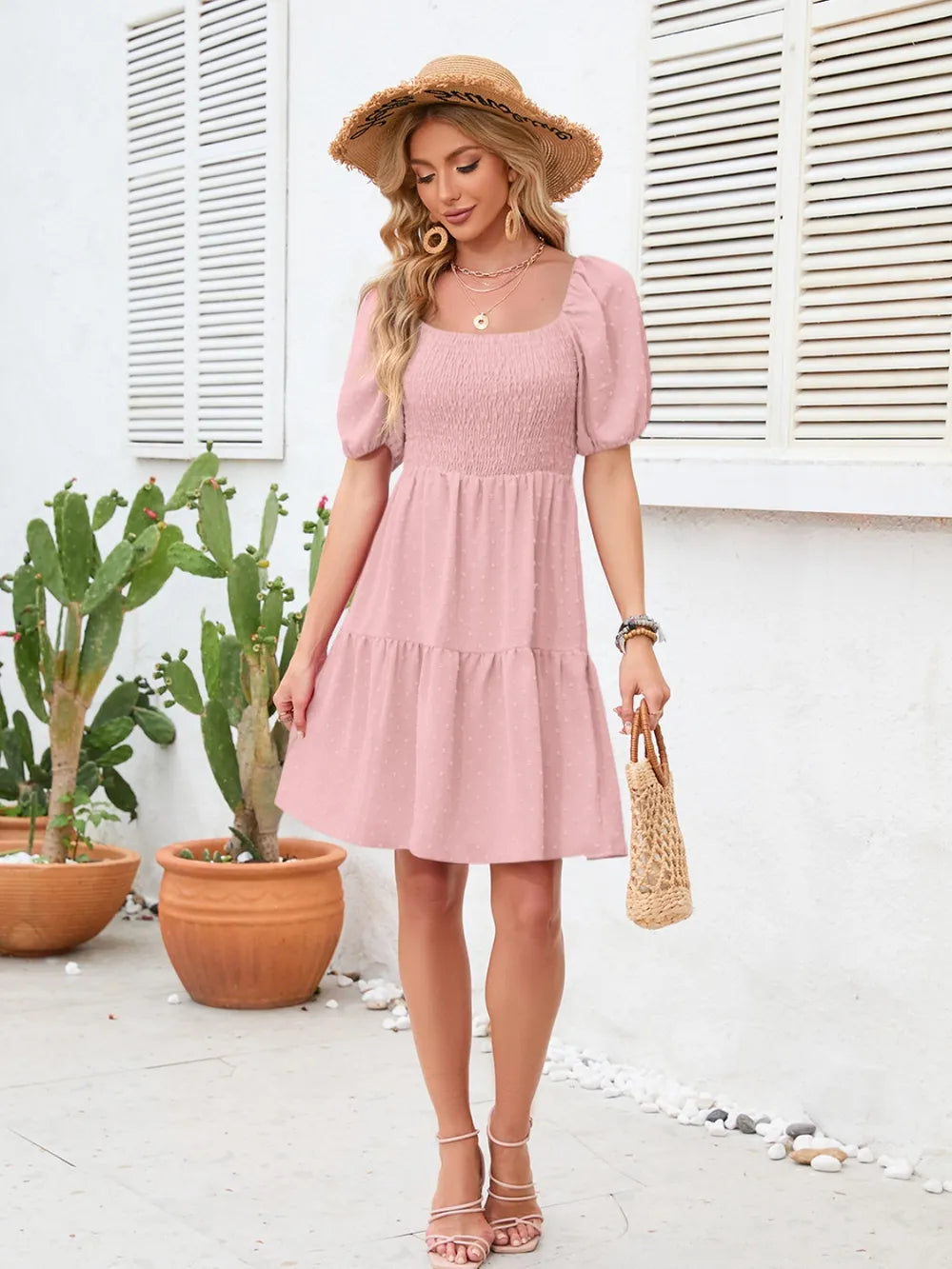 Swiss Dot Smocked Square Neck Dress - Blushé Belle