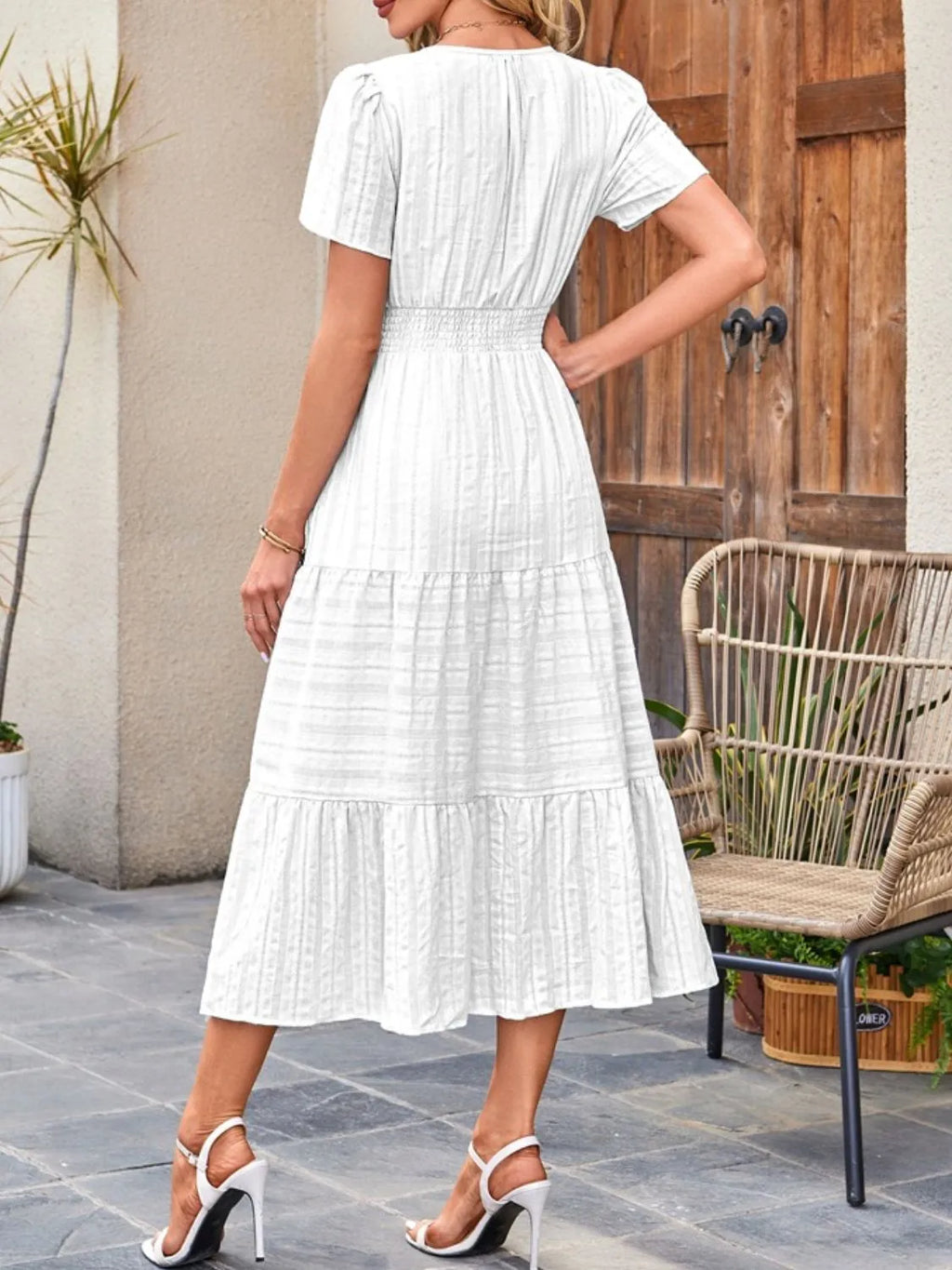 Tiered Notched Short Sleeve Dress - Blushé Belle