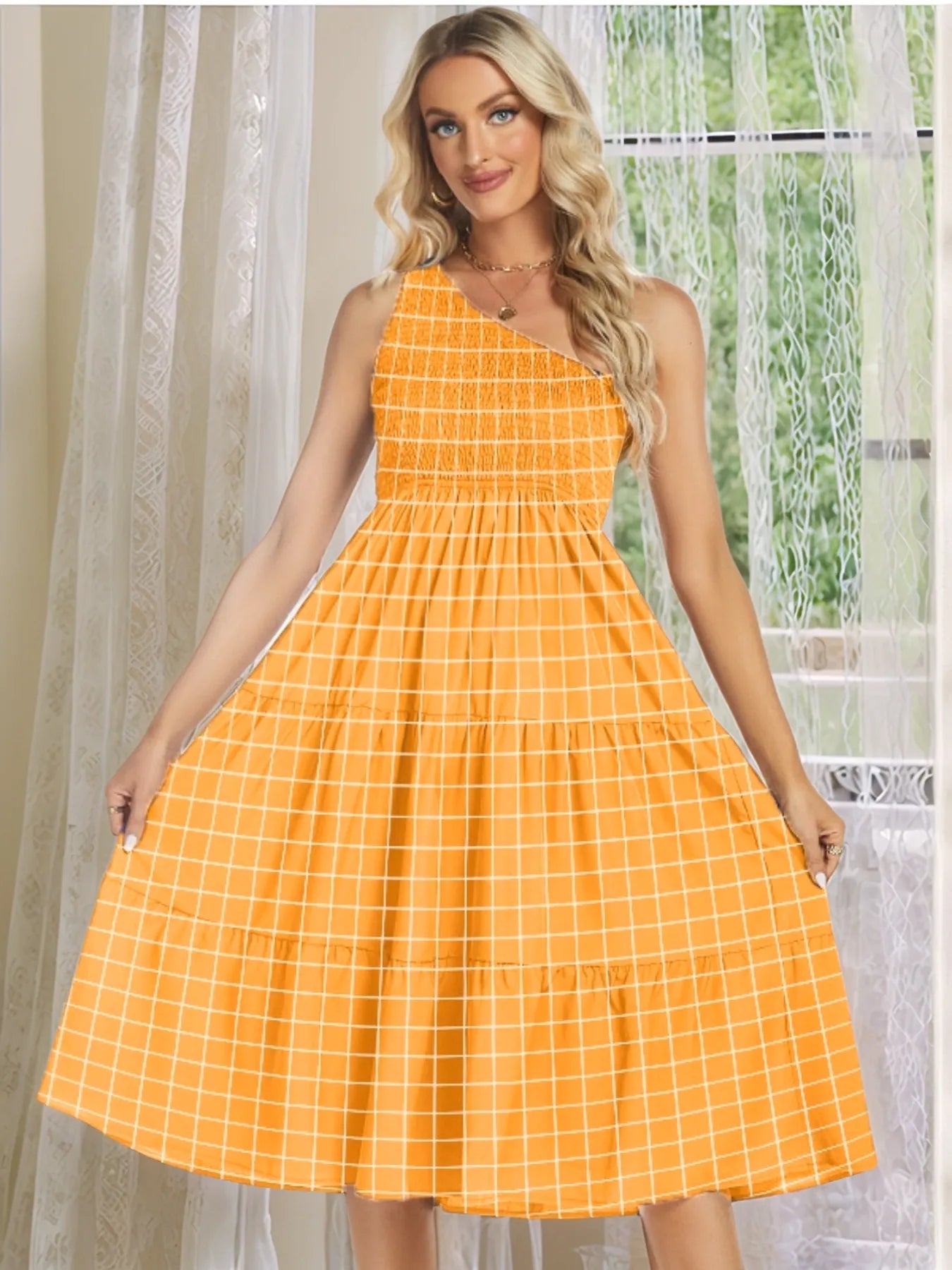 One-Shoulder Tiered Midi Dress with Smocked Bodice - Blushé Belle