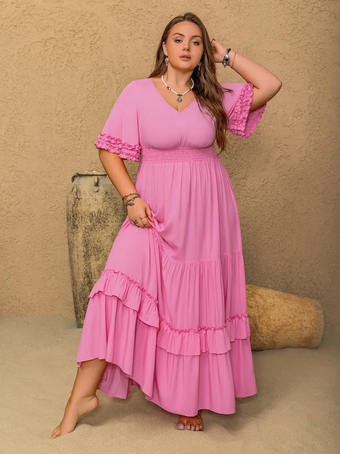 Plus Size V-Neck Half Sleeve Maxi Dress - Blushé Belle