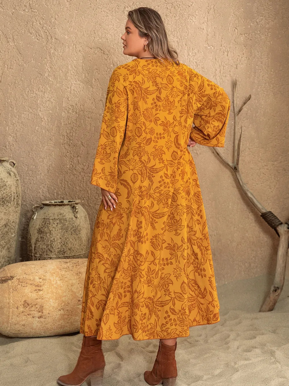 Plus Size Printed Slit Long Sleeve Dress - Blushé Belle