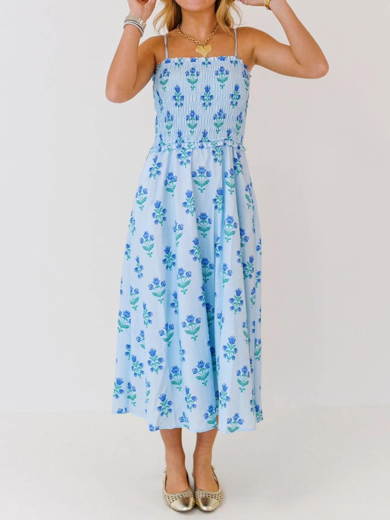 Floral Smocked Adjustable Strap Midi Cami Dress - Blushé Belle