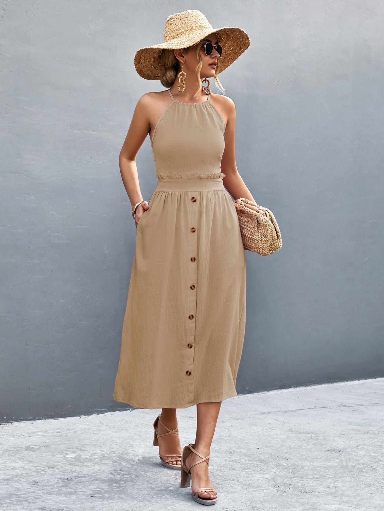 Buttoned Halter Neck Frill Trim Midi Dress - Blushé Belle