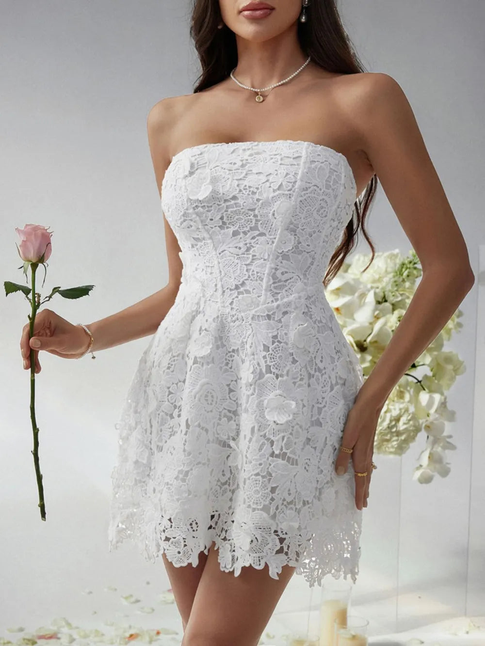 Devine Lace-Up Tube Lace Mini Dress - Blushé Belle
