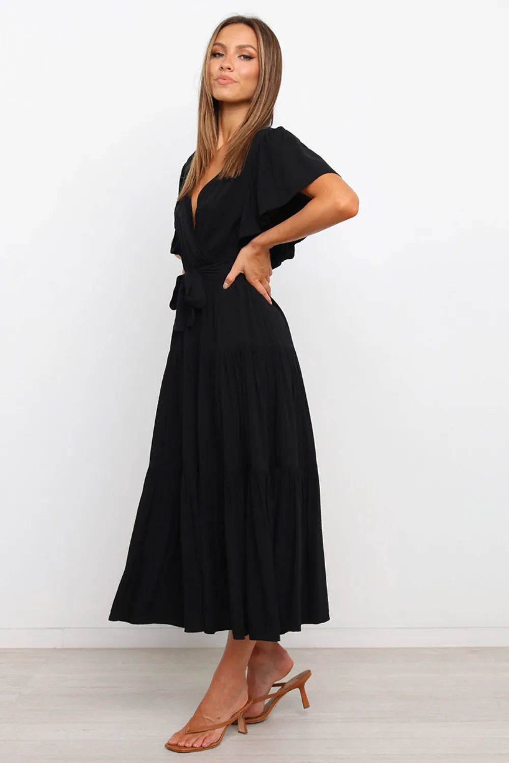 Front Tie Short Sleeve Tiered Midi Dress - Blushé Belle