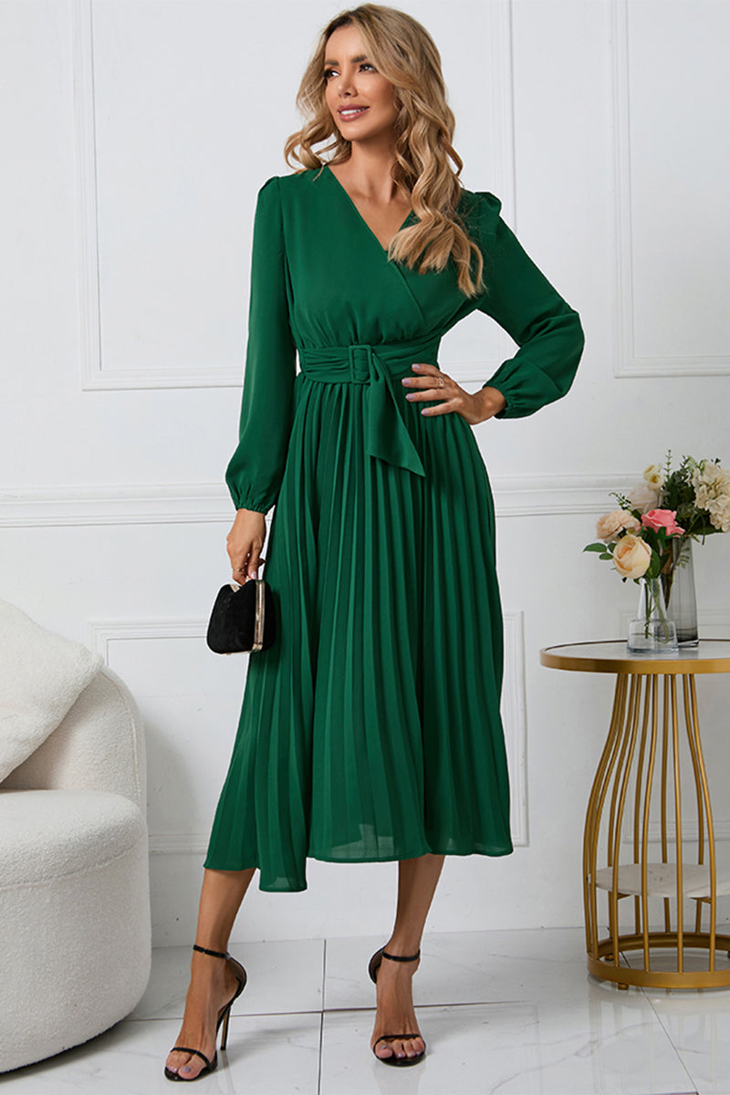 V-Neck Long Sleeve Tie Waist Midi Dress - Blushé Belle