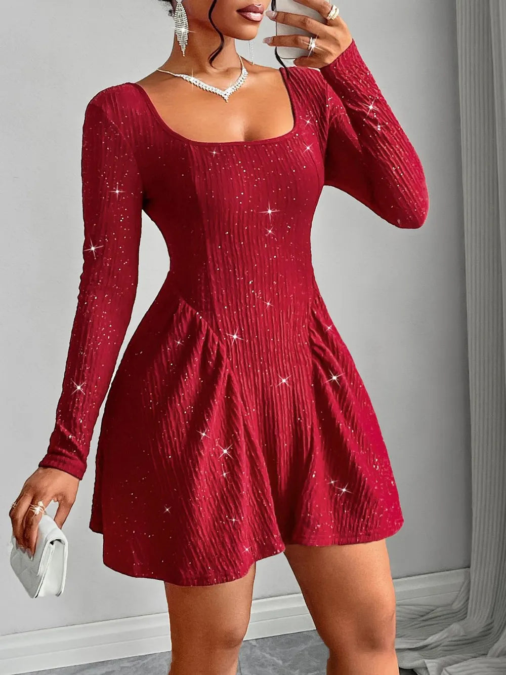 Backless Glitter Square Neck Long Sleeve Mini Dress - Blushé Belle