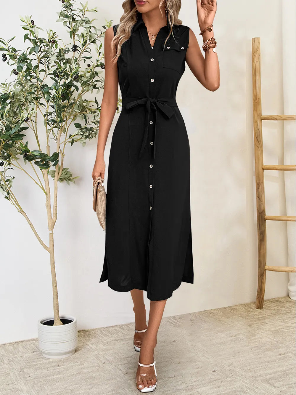 Perfee Button Up Sleeveless Midi Dress - Blushé Belle