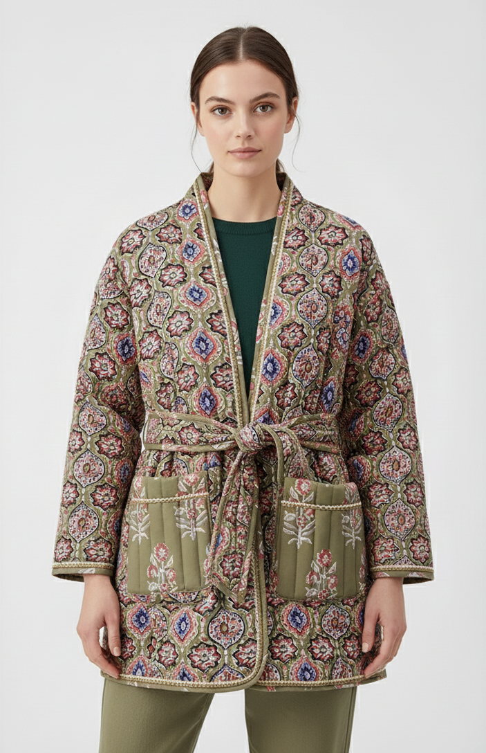 Belted Open Front Floral Winter Coat