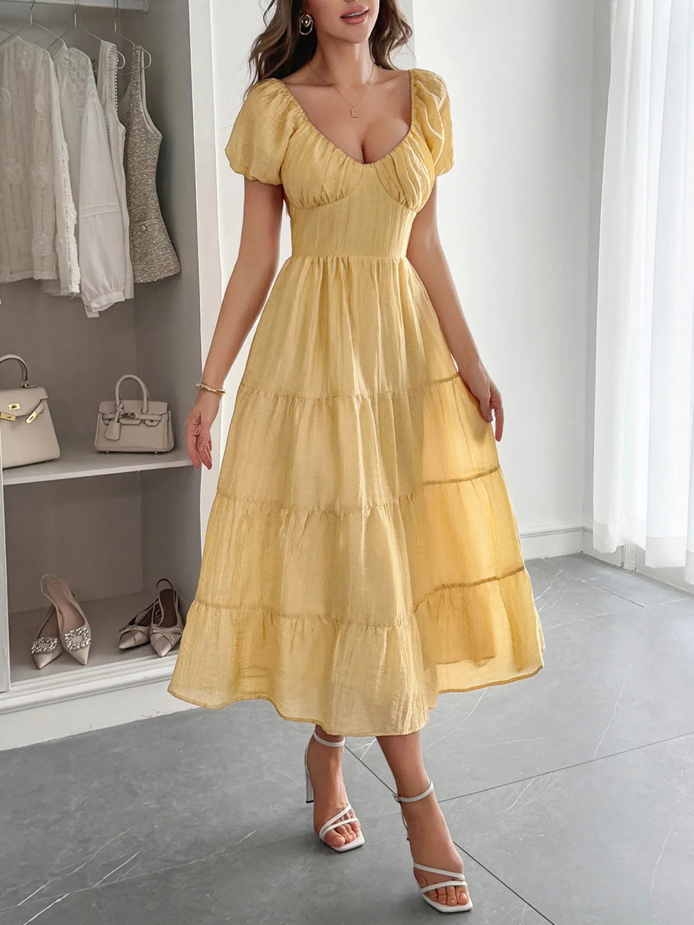 V-Neck Short Sleeve Midi Dress - Blushé Belle