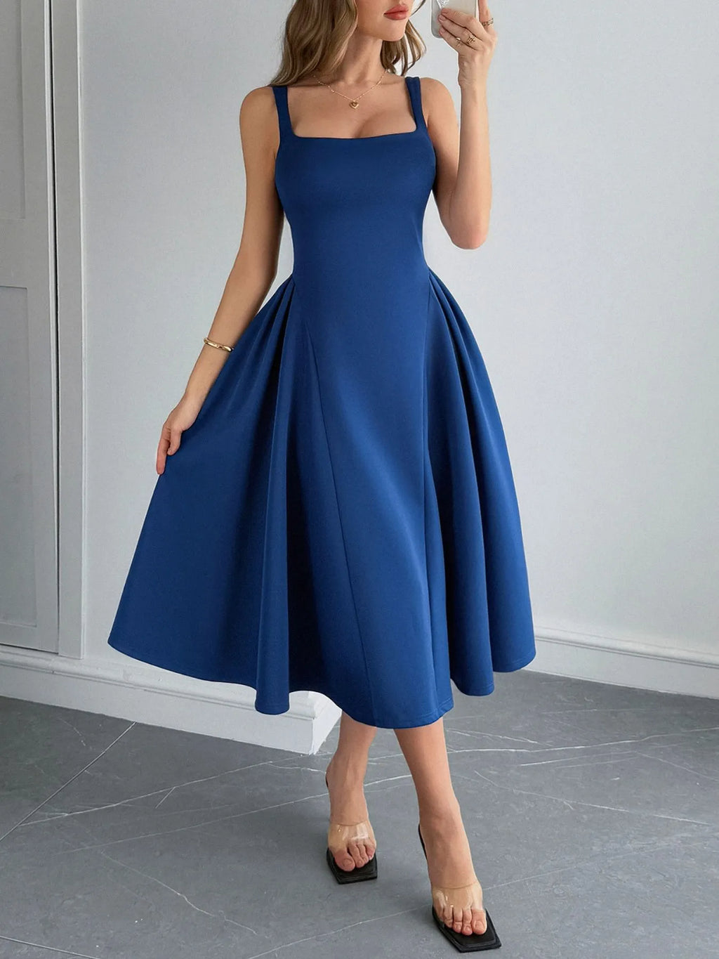 Square Neck Wide Strap Midi Dress - Blushé Belle