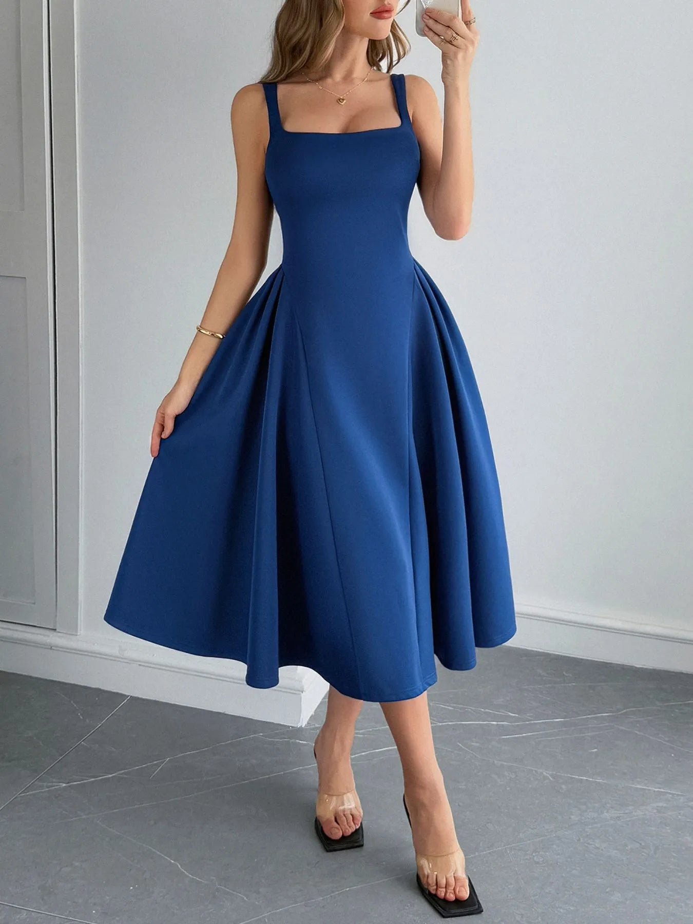 Square Neck Wide Strap Midi Dress - Blushé Belle