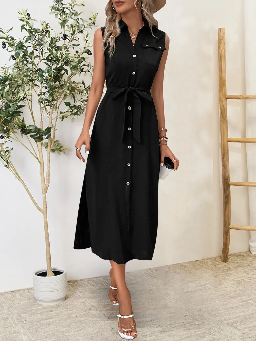 Perfee Button Up Sleeveless Midi Dress - Blushé Belle