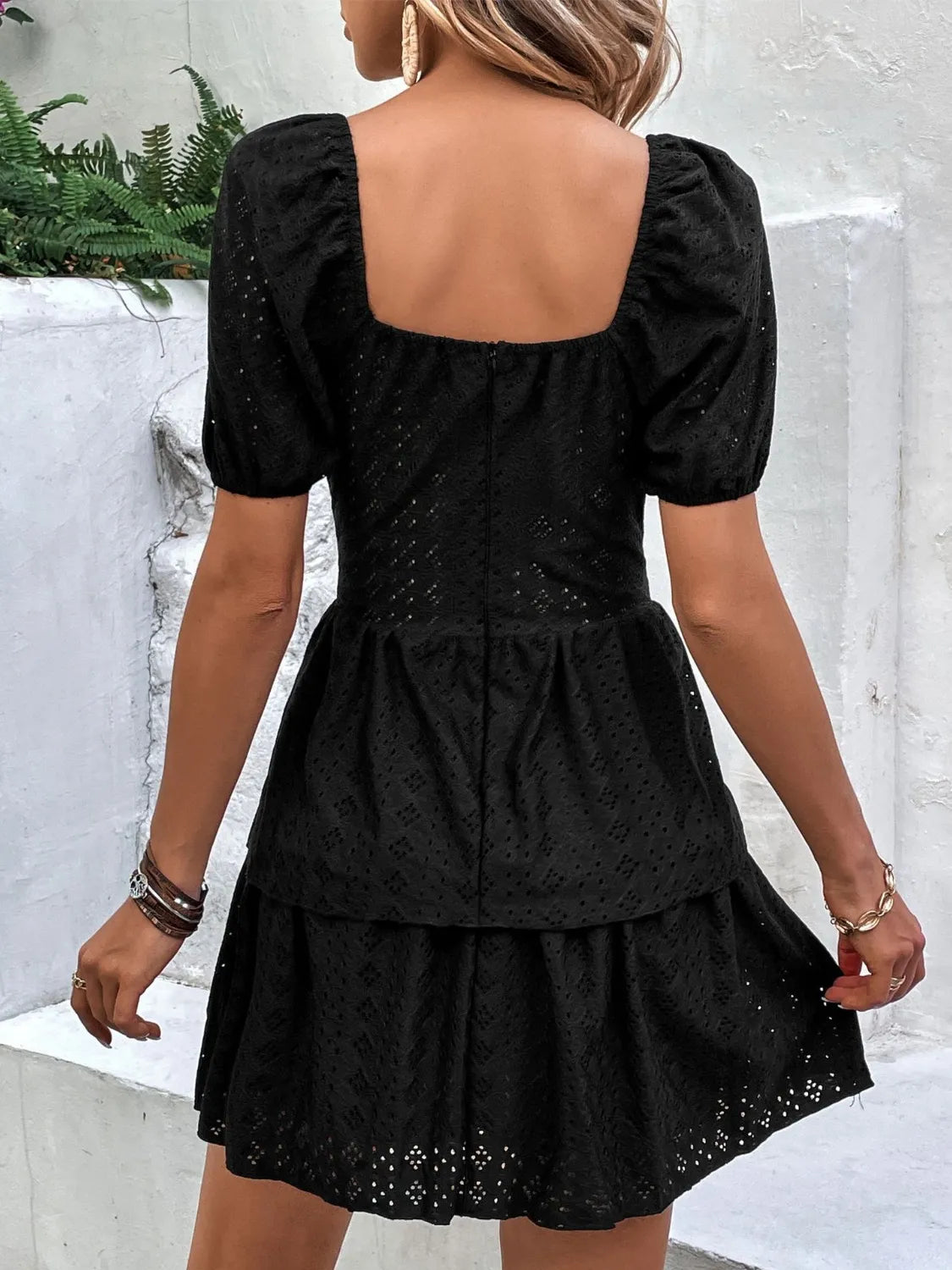 Layered Eyelet Short Sleeve Mini Dress - Blushé Belle