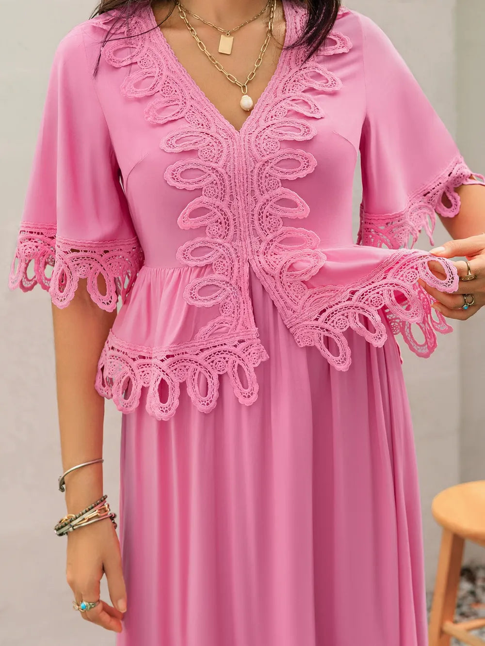 Lace Detail V-Neck Half Sleeve Midi Dress - Blushé Belle