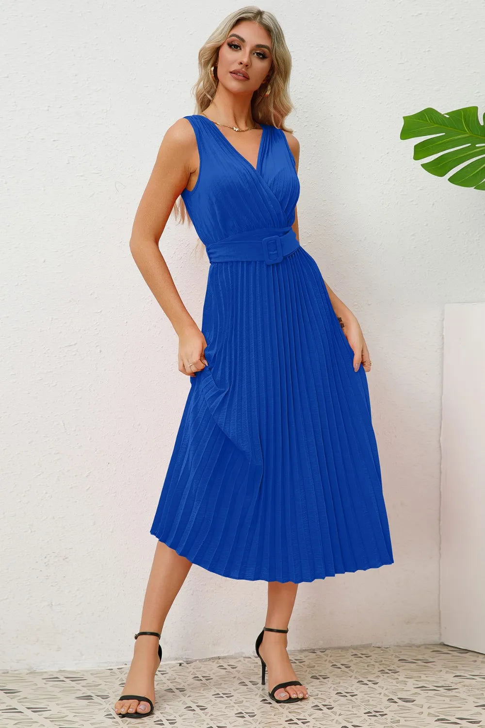 Surplice Sleeveless Midi Pleated Dress - Blushé Belle