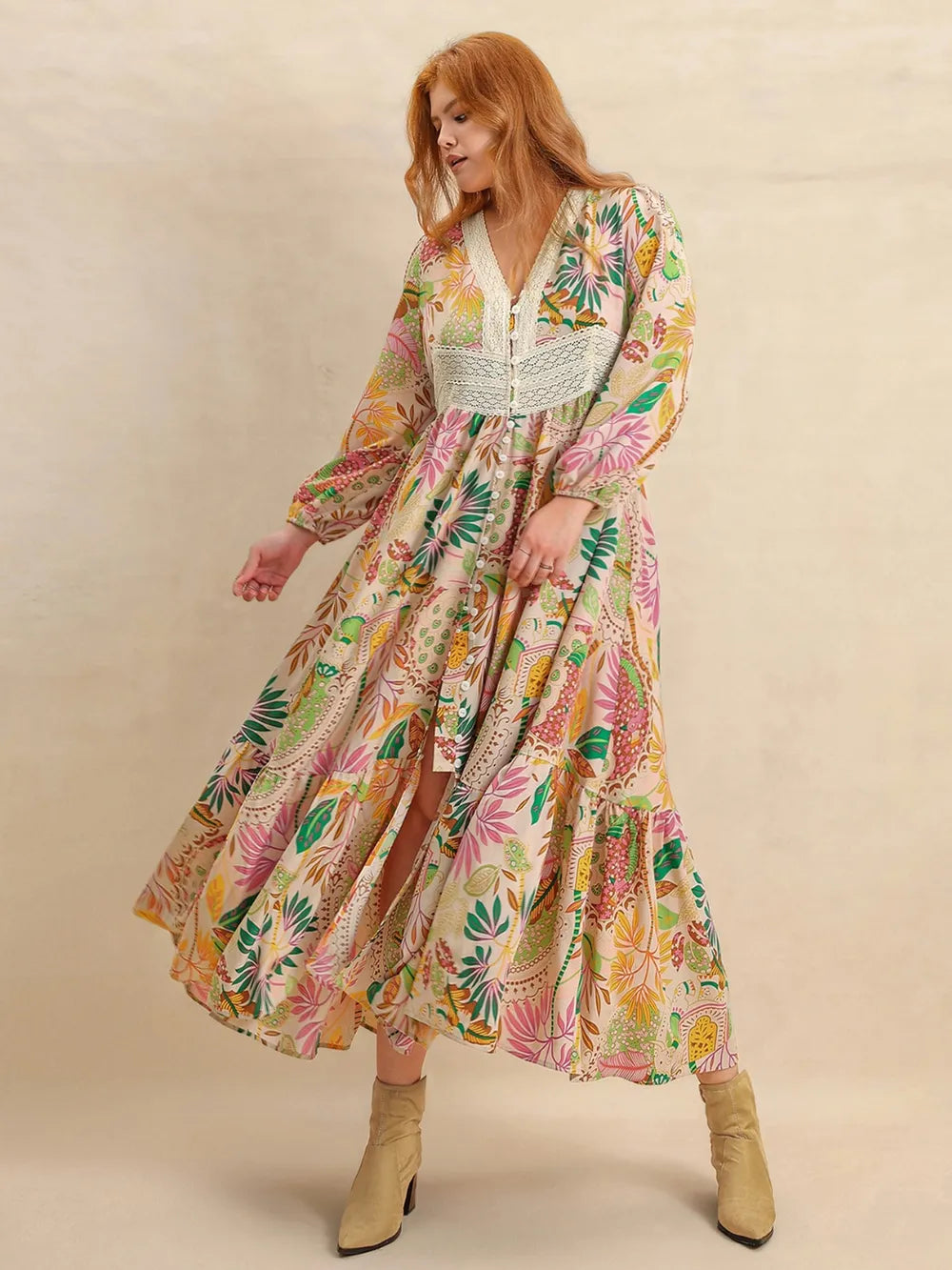Plus Size Lace Detail Printed V-Neck Balloon Sleeve Dress - Blushé Belle