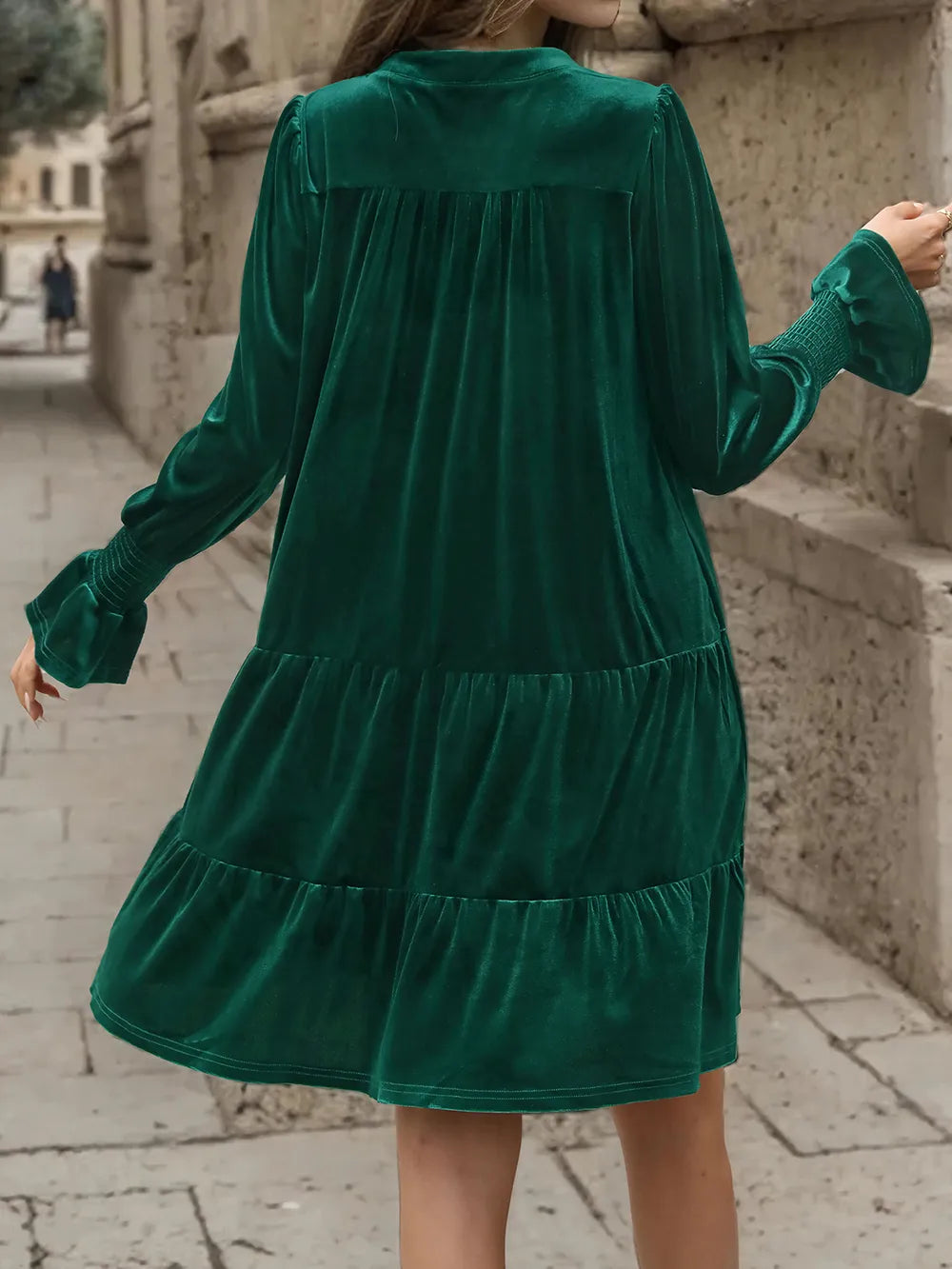 Perfee Notched Long Sleeve Tiered Dress - Blushé Belle