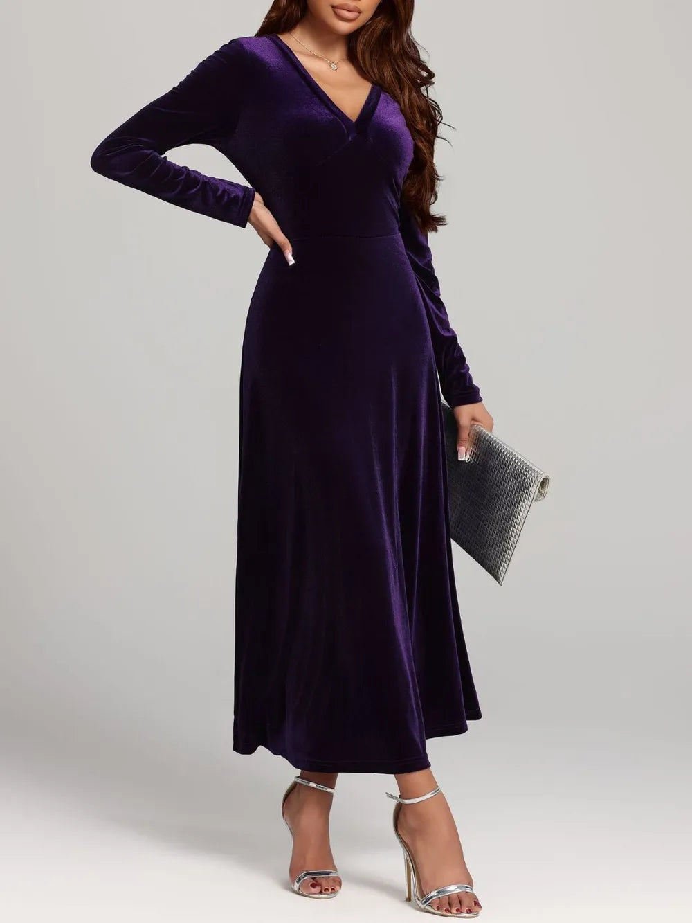V-Neck Long Sleeve Velvet Dress - Blushé Belle
