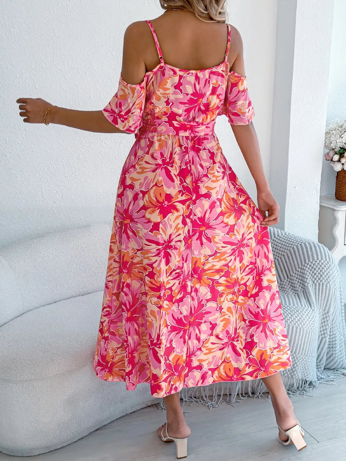 Printed Cold Shoulder Midi Cami Dress - Blushé Belle
