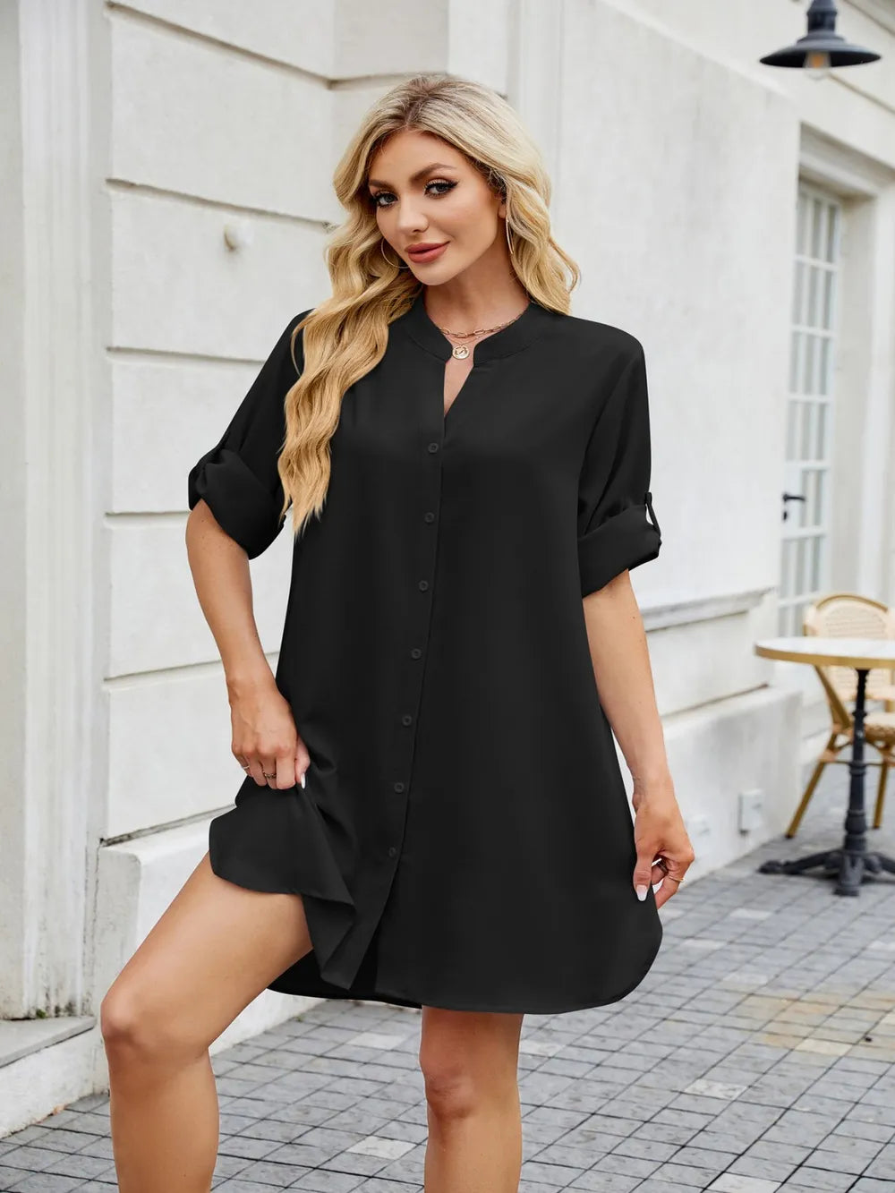 Notched Long Sleeve Mini Shirt Dress - Blushé Belle