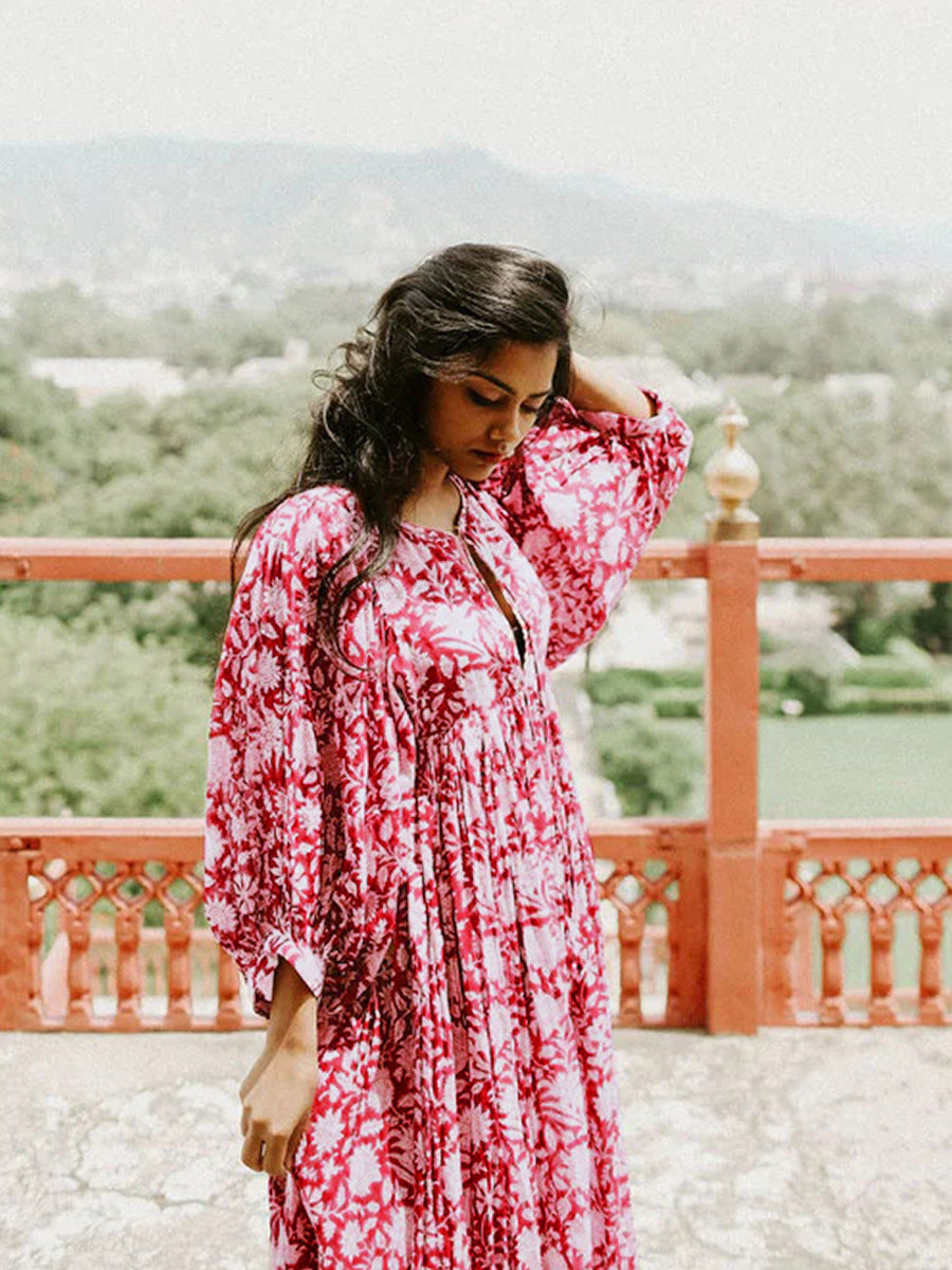 Floral Tie Neck Lantern Sleeve Dress - Blushé Belle