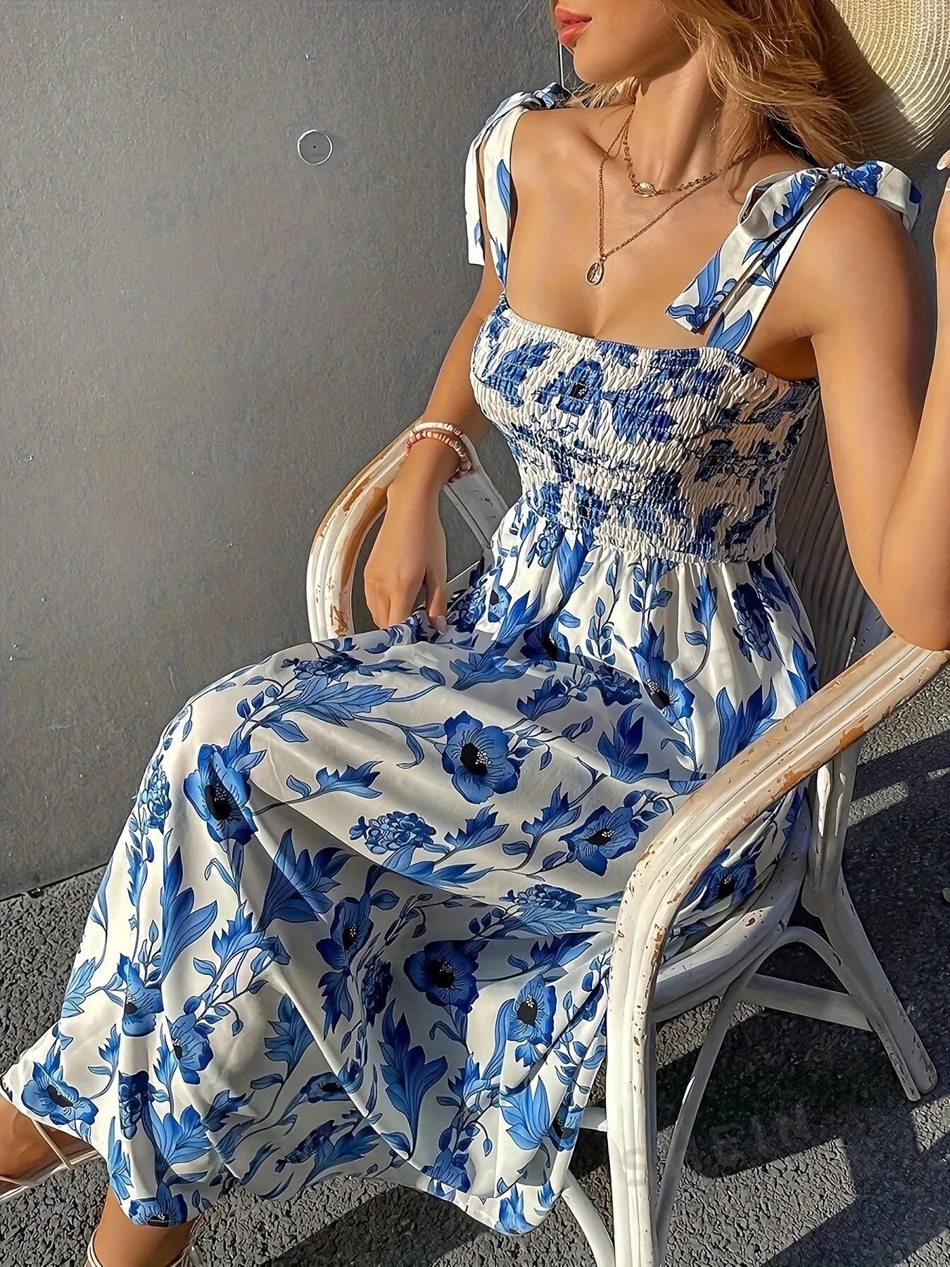 Floral Smocked Midi Dress with Tie Shoulders - Blushé Belle