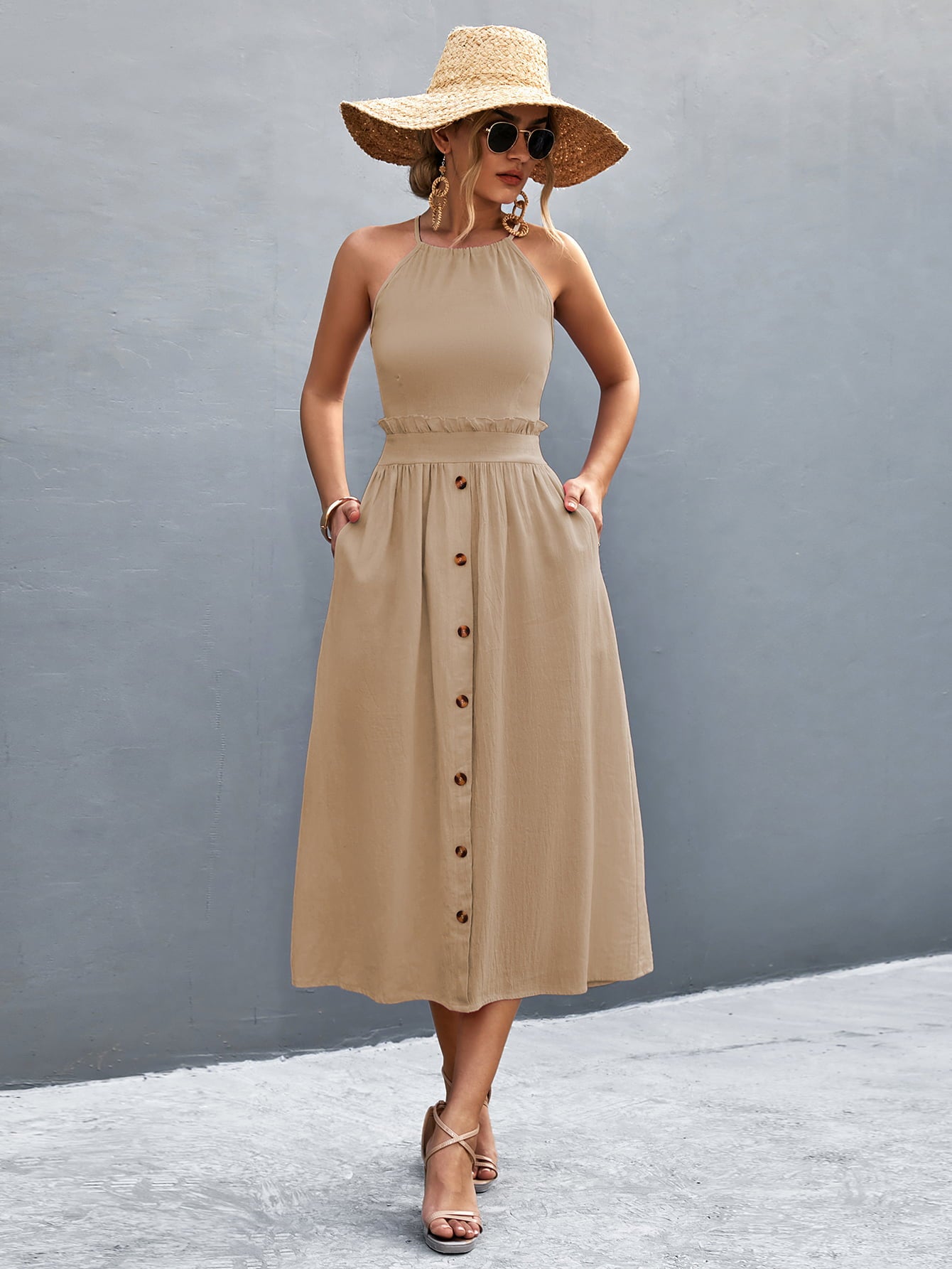 Buttoned Halter Neck Frill Trim Midi Dress - Blushé Belle