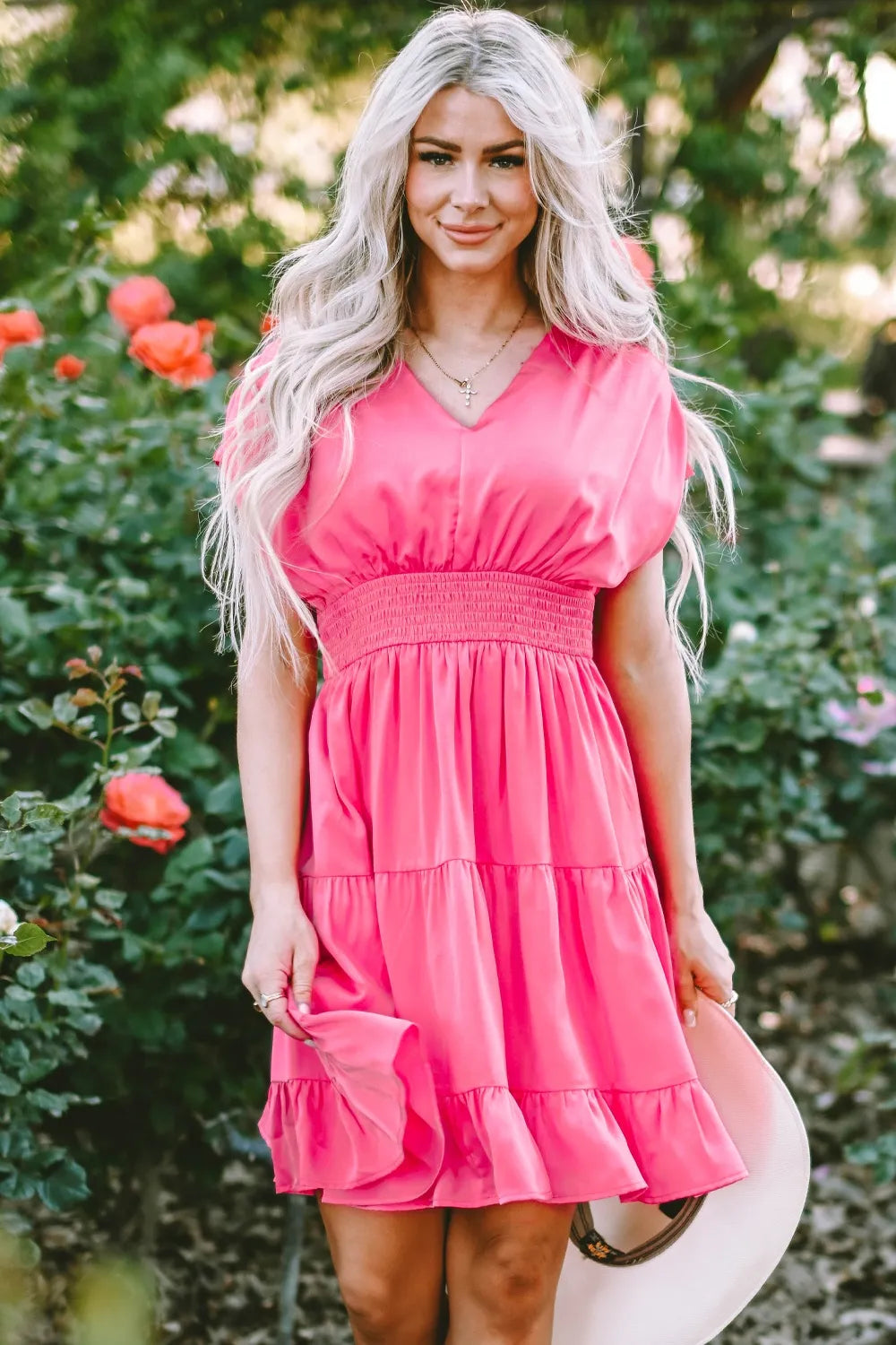 Smocked V-Neck Cap Sleeve Dress - Blushé Belle